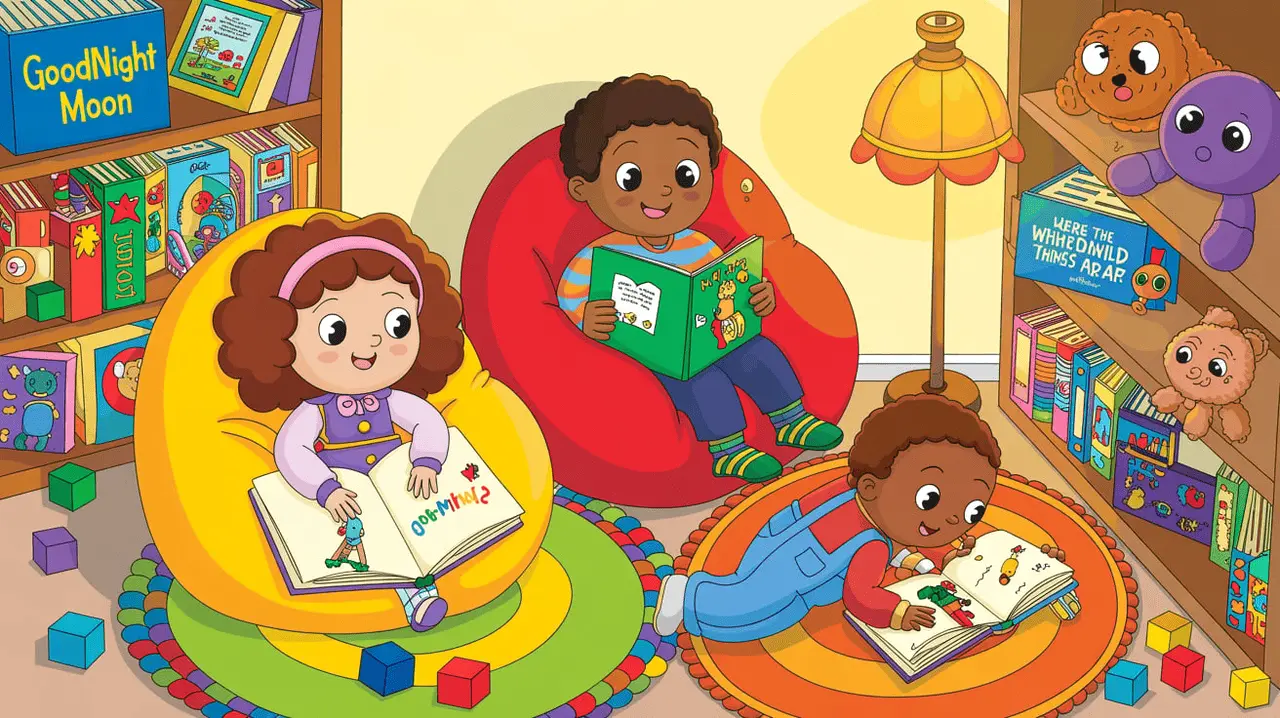 Kids reading picture books together in a cozy room
