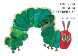 Illustration of a green caterpillar with a red head from "The Very Hungry Caterpillar" by Eric Carle.
