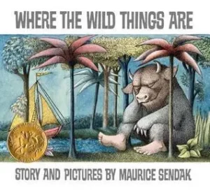 Cover of "Where the Wild Things Are" by Maurice Sendak, showing a sleeping wild creature beside a boat in a forest with pink and green palm trees.
