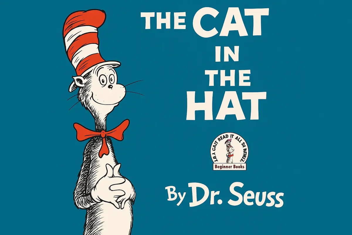 Cover image of Dr. Seuss book The Cat in the Hat featuring the cat in a striped hat